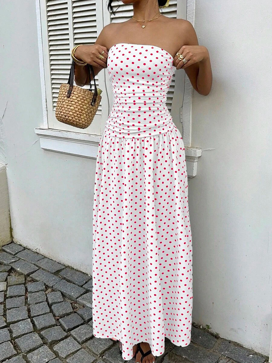 MainGRL Women's Polka Dot Print Waist Cinched Bandeau Dress, Vacation Style,Dresses For Women Casual Sun Dress Long Brown Long Dress Brown Sundress Brown Maxi Dress Brown Polka Dot Dress