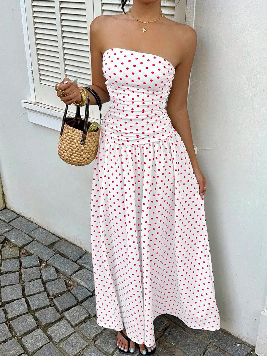 MainGRL Women's Polka Dot Print Waist Cinched Bandeau Dress, Vacation Style,Dresses For Women Casual Sun Dress Long Brown Long Dress Brown Sundress Brown Maxi Dress Brown Polka Dot Dress