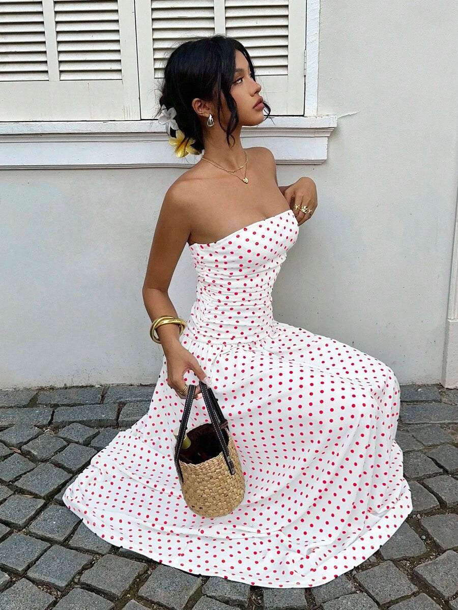 MainGRL Women's Polka Dot Print Waist Cinched Bandeau Dress, Vacation Style,Dresses For Women Casual Sun Dress Long Brown Long Dress Brown Sundress Brown Maxi Dress Brown Polka Dot Dress