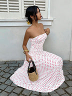 MainGRL Women's Polka Dot Print Waist Cinched Bandeau Dress, Vacation Style,Dresses For Women Casual Sun Dress Long Brown Long Dress Brown Sundress Brown Maxi Dress Brown Polka Dot Dress