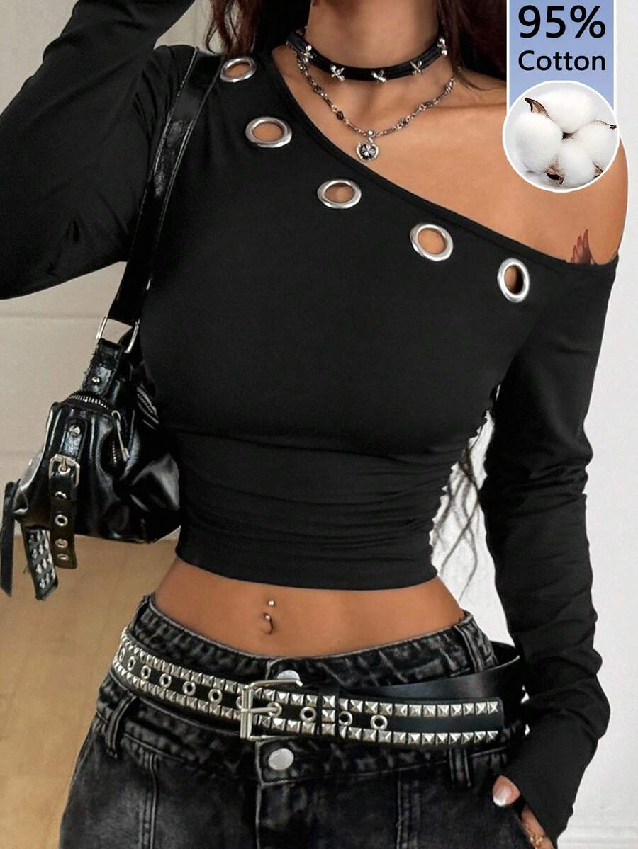 Coolane Women's Winter Streetwear Daily Wear Grunge Grommet Eyelet Essentials Knit Stretchy Comfy Asymmetrical Neck Ruched Black Long Sleeve Tops,Black Top