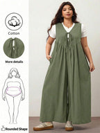 Enliva Plus Size Women's Wide Leg Jumpsuit With Tie Front And Pockets, Loose Fit, Compatible With Apple Rounded Body Shape/2026 /New Year