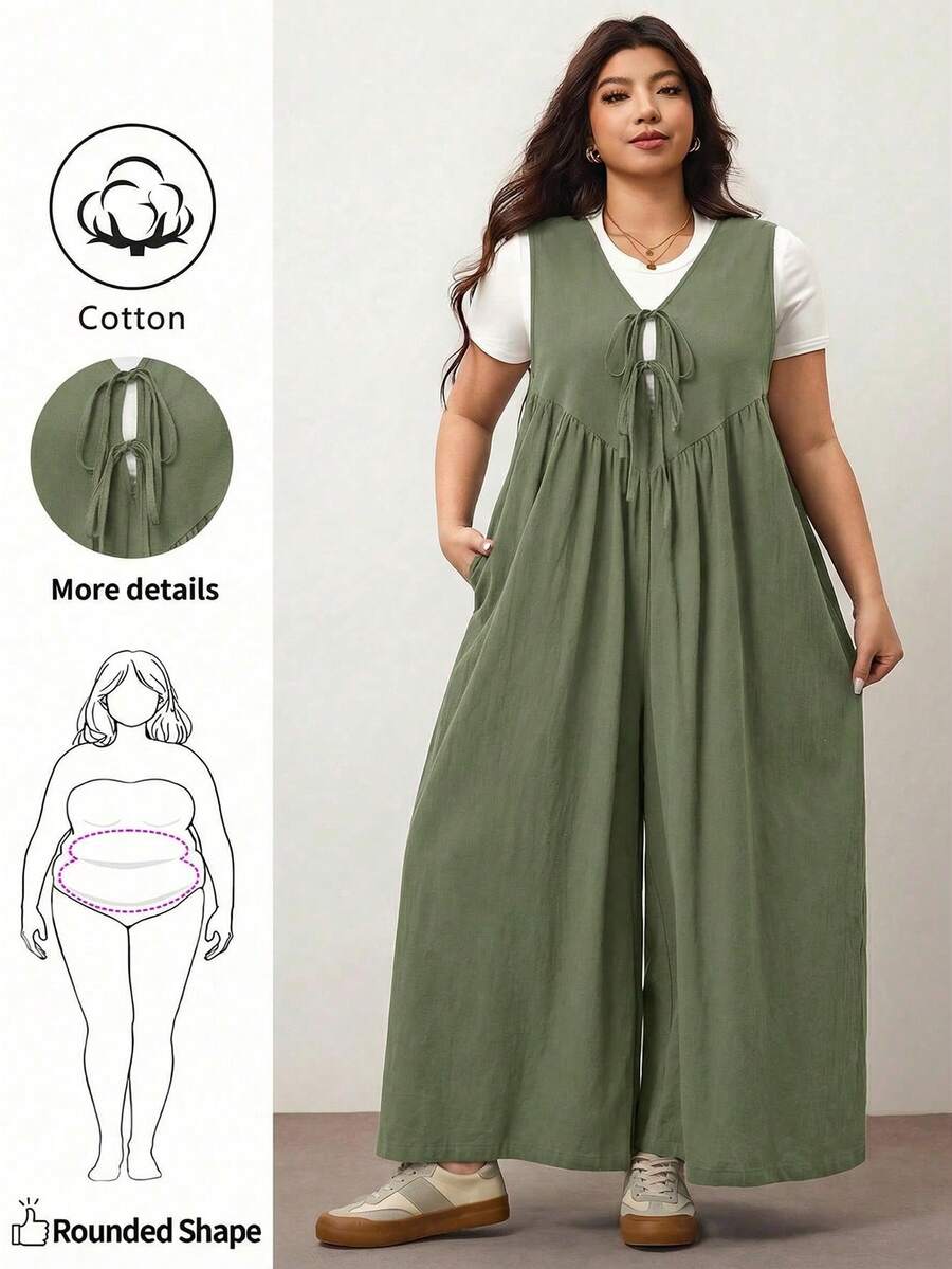 Enliva Plus Size Women's Wide Leg Jumpsuit With Tie Front And Pockets, Loose Fit, Compatible With Apple Rounded Body Shape/2026 /New Year
