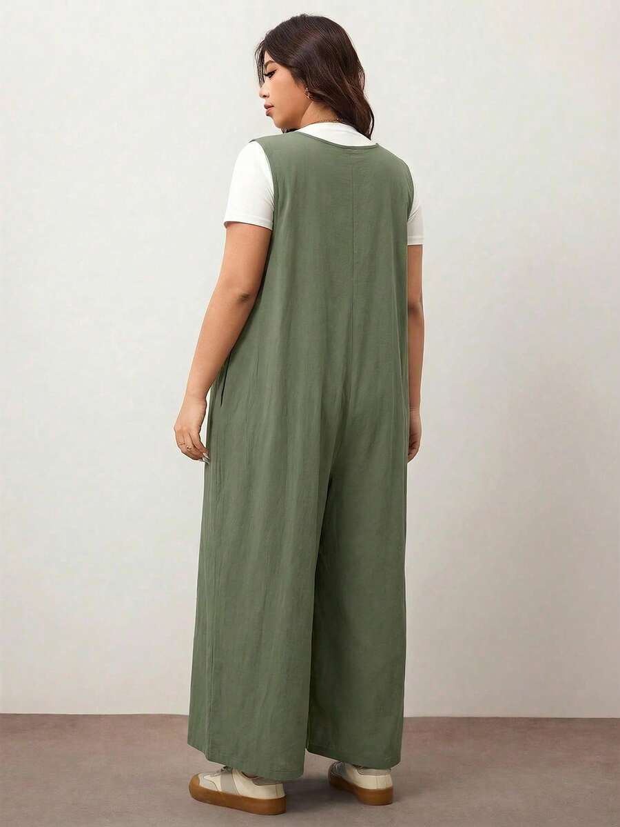 Enliva Plus Size Women's Wide Leg Jumpsuit With Tie Front And Pockets, Loose Fit, Compatible With Apple Rounded Body Shape/2026 /New Year