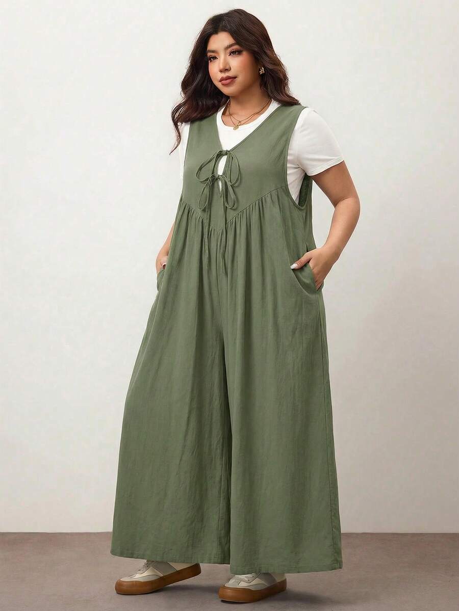 Enliva Plus Size Women's Wide Leg Jumpsuit With Tie Front And Pockets, Loose Fit, Compatible With Apple Rounded Body Shape/2026 /New Year