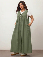 Enliva Plus Size Women's Wide Leg Jumpsuit With Tie Front And Pockets, Loose Fit, Compatible With Apple Rounded Body Shape/2026 /New Year