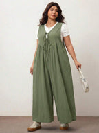 Enliva Plus Size Women's Wide Leg Jumpsuit With Tie Front And Pockets, Loose Fit, Compatible With Apple Rounded Body Shape/2026 /New Year
