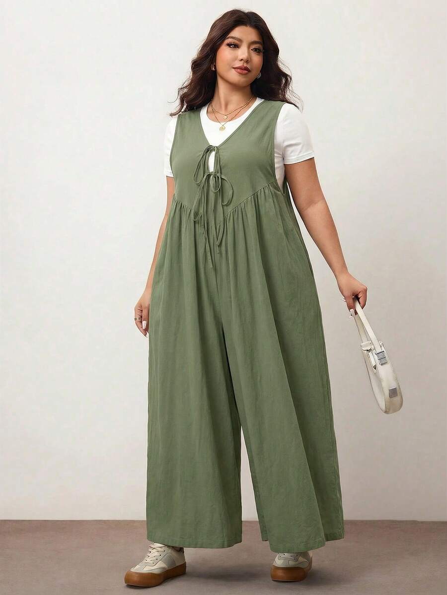 Enliva Plus Size Women's Wide Leg Jumpsuit With Tie Front And Pockets, Loose Fit, Compatible With Apple Rounded Body Shape/2026 /New Year