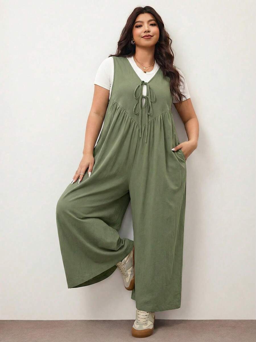 Enliva Plus Size Women's Wide Leg Jumpsuit With Tie Front And Pockets, Loose Fit, Compatible With Apple Rounded Body Shape/2026 /New Year