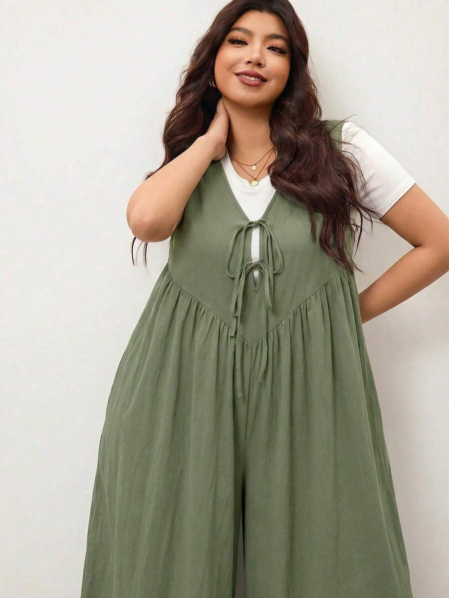 Enliva Plus Size Women's Wide Leg Jumpsuit With Tie Front And Pockets, Loose Fit, Compatible With Apple Rounded Body Shape/2026 /New Year