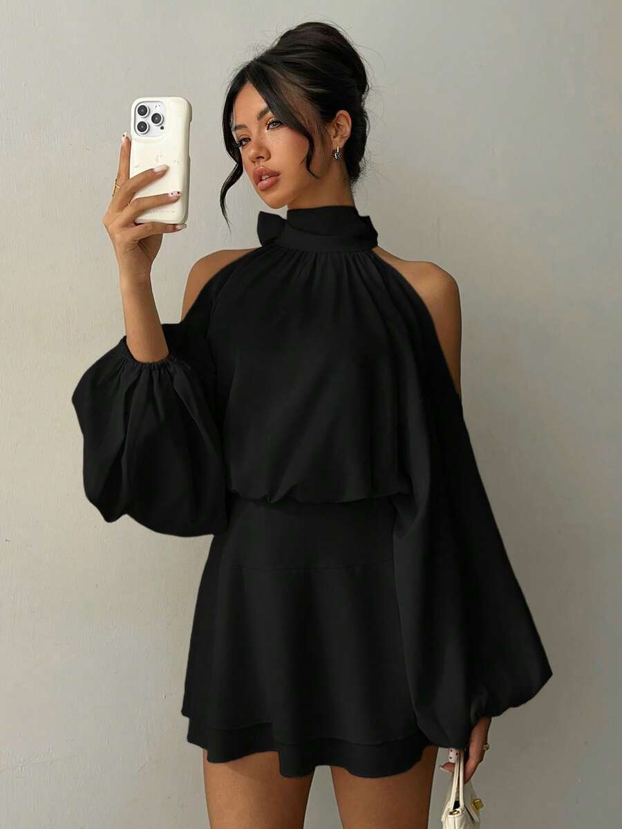 Aloruh Women's New Apricot Solid Color Mini Dress, Long Sleeve, Lantern Sleeve Design, A-Line Dress, Party Dress, Date Dress, Afternoon Tea Dress, Autumn/Winter New Year's Outfit For Women,Spring Outfit Women