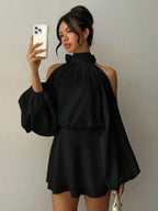 Aloruh Women's New Apricot Solid Color Mini Dress, Long Sleeve, Lantern Sleeve Design, A-Line Dress, Party Dress, Date Dress, Afternoon Tea Dress, Autumn/Winter New Year's Outfit For Women,Spring Outfit Women