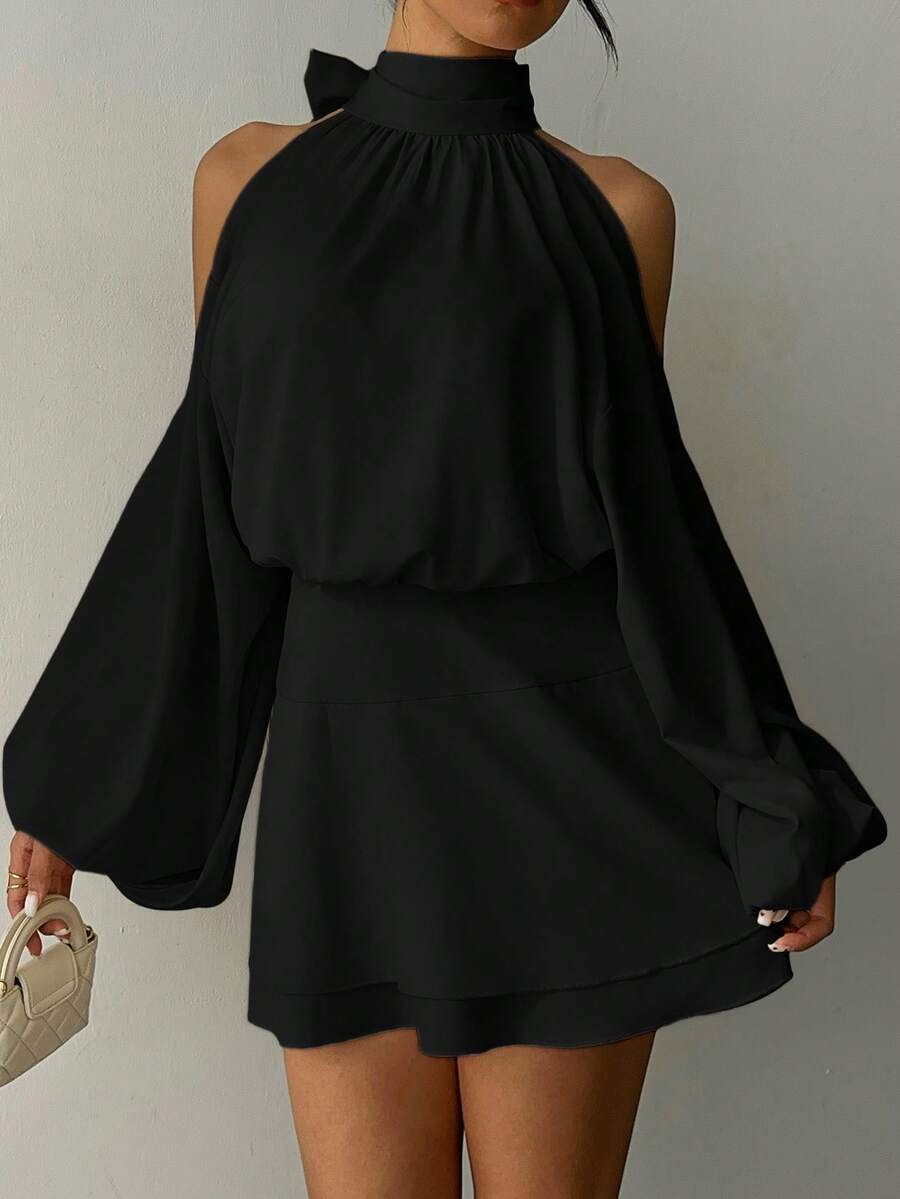 Aloruh Women's New Apricot Solid Color Mini Dress, Long Sleeve, Lantern Sleeve Design, A-Line Dress, Party Dress, Date Dress, Afternoon Tea Dress, Autumn/Winter New Year's Outfit For Women,Spring Outfit Women