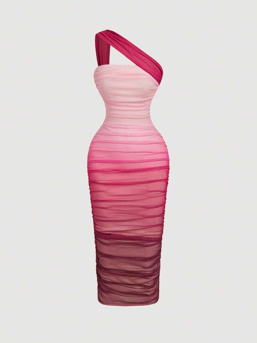 SHEIN MOD Women's Ombre Ruched Bodycon Mid-Length One Shoulder Mesh Dress,Fall / Winter, Autumn Clothes For Women,Thanksgiving,Dress, Party,Wedding,Wedding Guest Party Dress ,Elegant Dresses For Ladies,Pink,Frenchy Vacay Dress,Terrace Chill,Glamour Dress,Tea Chat Elegance Dress,Chic Autumn,Fall New Style Women, One Shoulder Dresses, Sunset Color Outfit,Women's Sexy Gradient One Shoulder Mesh Midi Bodycon Dress