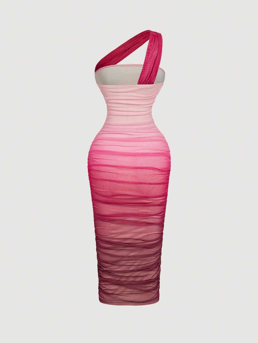 SHEIN MOD Women's Ombre Ruched Bodycon Mid-Length One Shoulder Mesh Dress,Fall / Winter, Autumn Clothes For Women,Thanksgiving,Dress, Party,Wedding,Wedding Guest Party Dress ,Elegant Dresses For Ladies,Pink,Frenchy Vacay Dress,Terrace Chill,Glamour Dress,Tea Chat Elegance Dress,Chic Autumn,Fall New Style Women, One Shoulder Dresses, Sunset Color Outfit,Women's Sexy Gradient One Shoulder Mesh Midi Bodycon Dress