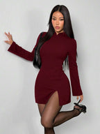 SHEIN PETITE New Design Valentine's Day/Chinese New Year Outfit: Vintage Coin Pattern Stand Collar Fitted & Flared Cuff Elegant Red Dress, Suitable For Date And Party Split Thigh Dress