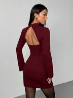 SHEIN PETITE New Design Valentine's Day/Chinese New Year Outfit: Vintage Coin Pattern Stand Collar Fitted & Flared Cuff Elegant Red Dress, Suitable For Date And Party Split Thigh Dress