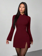 SHEIN PETITE New Design Valentine's Day/Chinese New Year Outfit: Vintage Coin Pattern Stand Collar Fitted & Flared Cuff Elegant Red Dress, Suitable For Date And Party Split Thigh Dress
