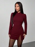 SHEIN PETITE New Design Valentine's Day/Chinese New Year Outfit: Vintage Coin Pattern Stand Collar Fitted & Flared Cuff Elegant Red Dress, Suitable For Date And Party Split Thigh Dress