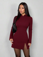 SHEIN PETITE New Design Valentine's Day/Chinese New Year Outfit: Vintage Coin Pattern Stand Collar Fitted & Flared Cuff Elegant Red Dress, Suitable For Date And Party Split Thigh Dress