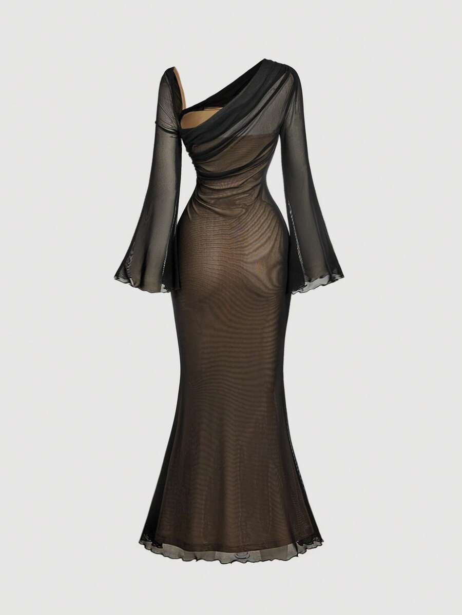 SHEIN MOD Women's Metallic Butterfly Ombre Abstract Floral Bell Sleeve Dress, Brown Elegant Women Dress, Brown Long Dress, Earth Tone Dress, Unique Dress,Elegant,Luxury,Party Dress,Dresses For Women Elegant