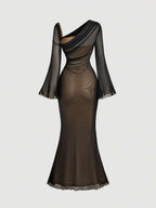 SHEIN MOD Women's Metallic Butterfly Ombre Abstract Floral Bell Sleeve Dress, Brown Elegant Women Dress, Brown Long Dress, Earth Tone Dress, Unique Dress,Elegant,Luxury,Party Dress,Dresses For Women Elegant
