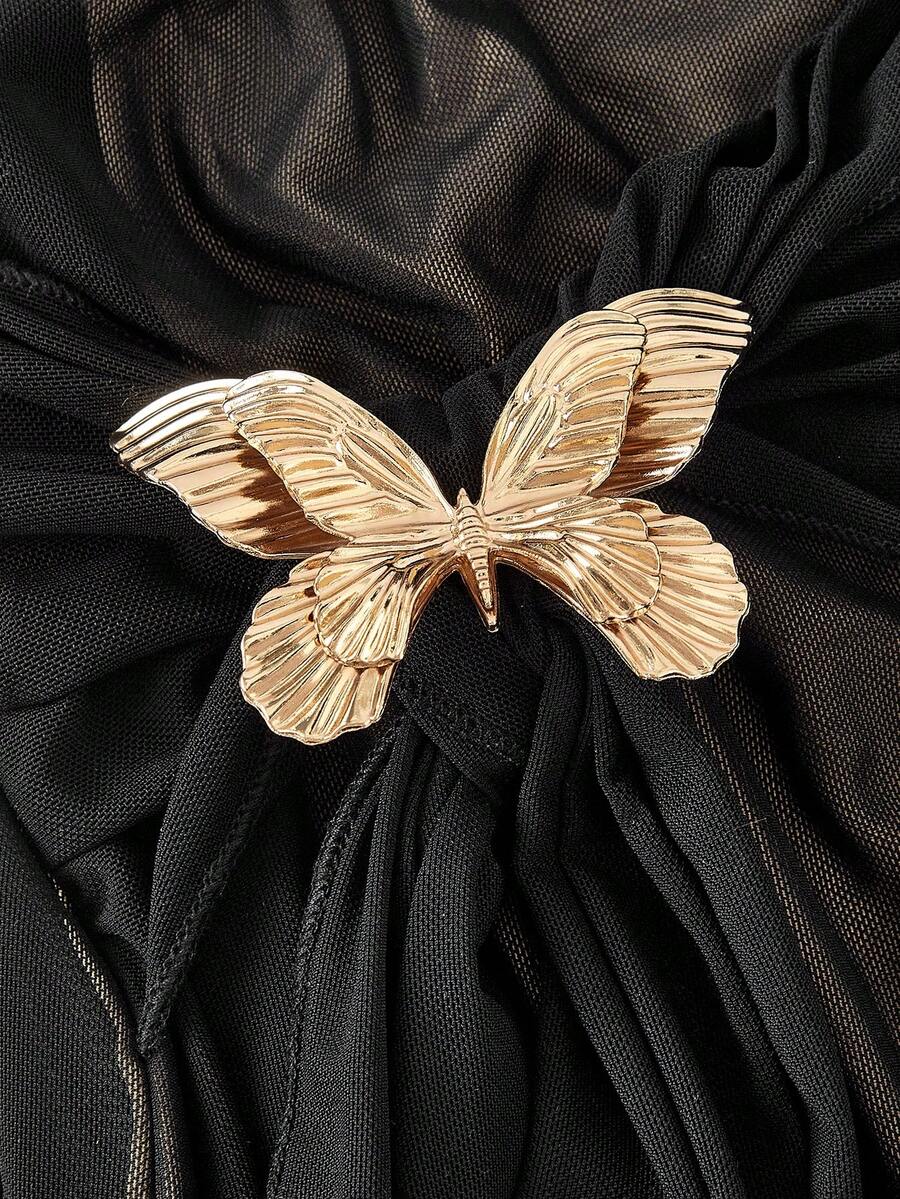 SHEIN MOD Women's Metallic Butterfly Ombre Abstract Floral Bell Sleeve Dress, Brown Elegant Women Dress, Brown Long Dress, Earth Tone Dress, Unique Dress,Elegant,Luxury,Party Dress,Dresses For Women Elegant