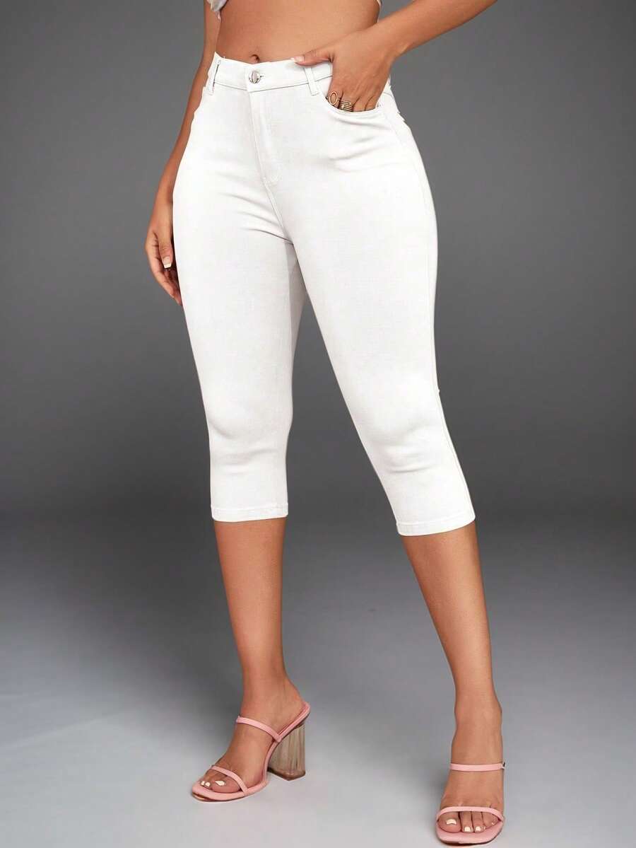 High Waist Ultra Stretchy Slant Pocket Skinny Capri Pants Classic Casual Comfort 3/4 Length Trousers