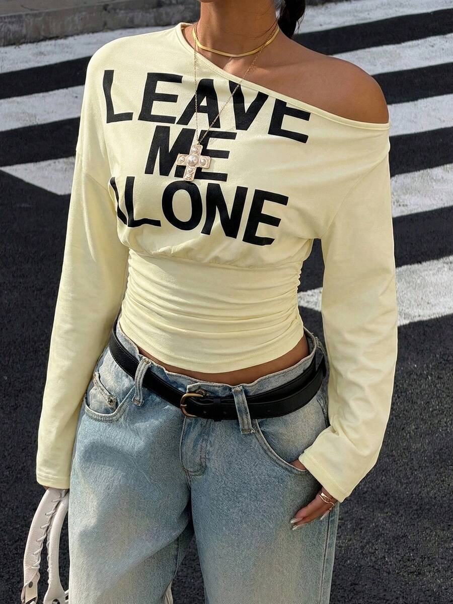 Muchica Women's White Letter Print Oblique Shoulder Cinched Waist Cropped Long Sleeve T-Shirt For Going Out Outfits, Streetwear, Y2K Clothes