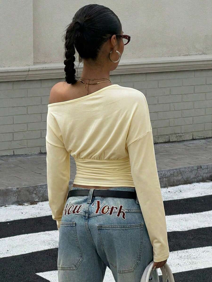 Muchica Women's White Letter Print Oblique Shoulder Cinched Waist Cropped Long Sleeve T-Shirt For Going Out Outfits, Streetwear, Y2K Clothes