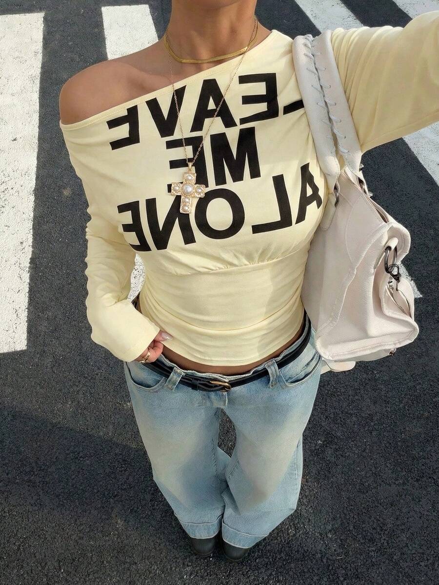 Muchica Women's White Letter Print Oblique Shoulder Cinched Waist Cropped Long Sleeve T-Shirt For Going Out Outfits, Streetwear, Y2K Clothes