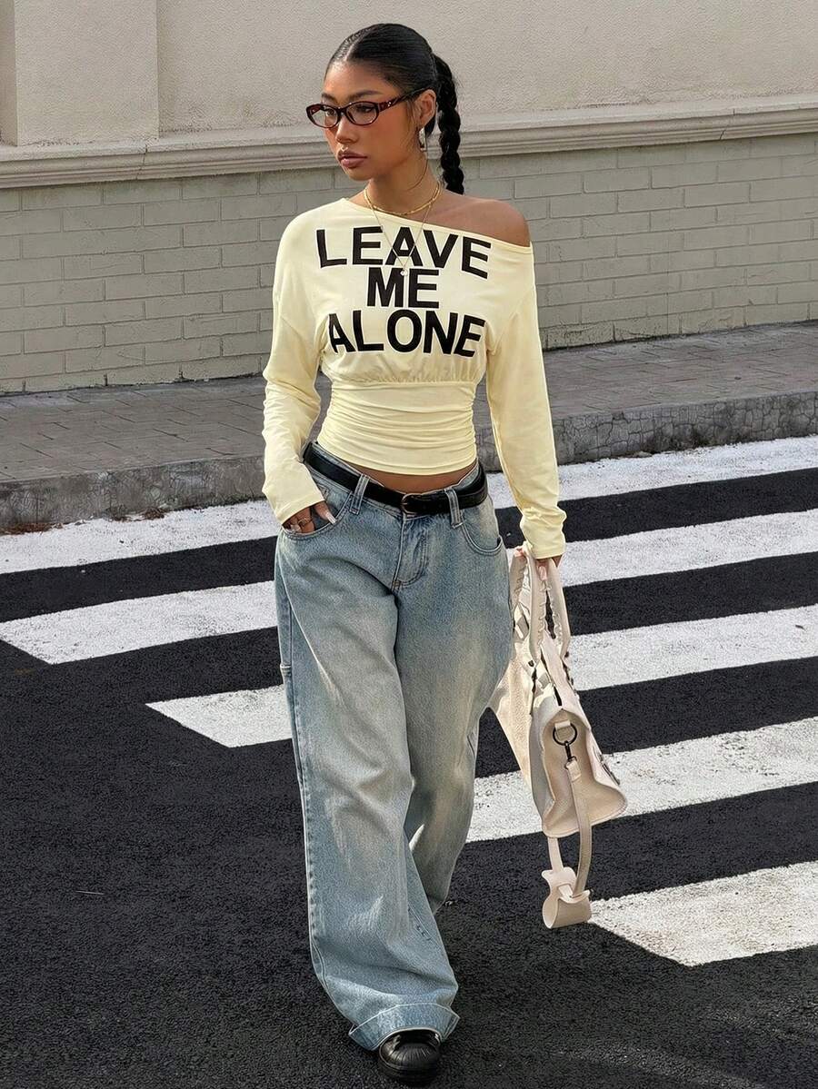 Muchica Women's White Letter Print Oblique Shoulder Cinched Waist Cropped Long Sleeve T-Shirt For Going Out Outfits, Streetwear, Y2K Clothes