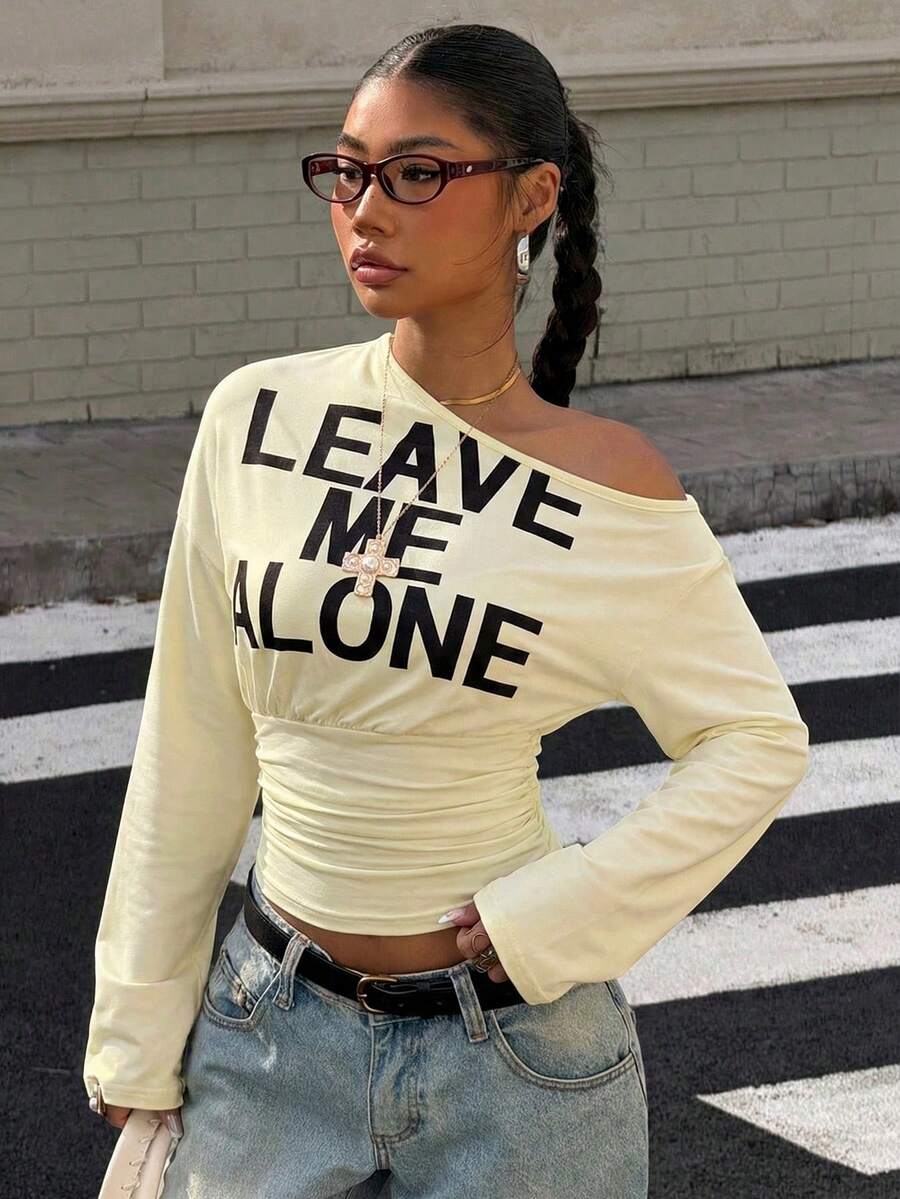 Muchica Women's White Letter Print Oblique Shoulder Cinched Waist Cropped Long Sleeve T-Shirt For Going Out Outfits, Streetwear, Y2K Clothes