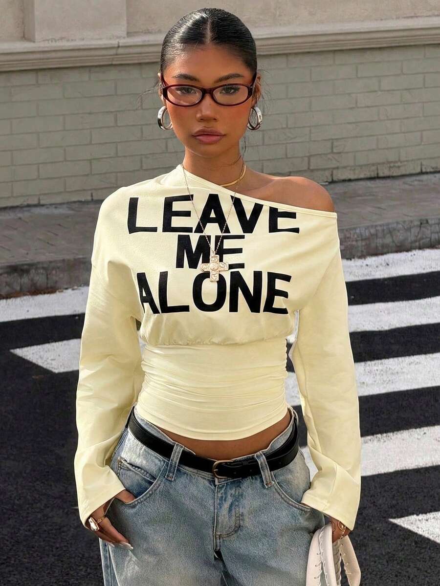Muchica Women's White Letter Print Oblique Shoulder Cinched Waist Cropped Long Sleeve T-Shirt For Going Out Outfits, Streetwear, Y2K Clothes