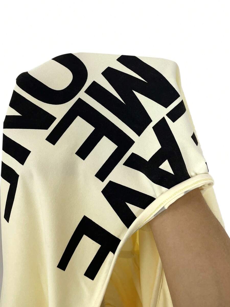 Muchica Women's White Letter Print Oblique Shoulder Cinched Waist Cropped Long Sleeve T-Shirt For Going Out Outfits, Streetwear, Y2K Clothes