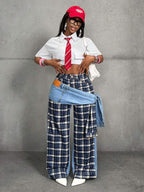 Slaydiva Women's High Waist Side Knot Plaid Wide Leg Loose Casual Jeans