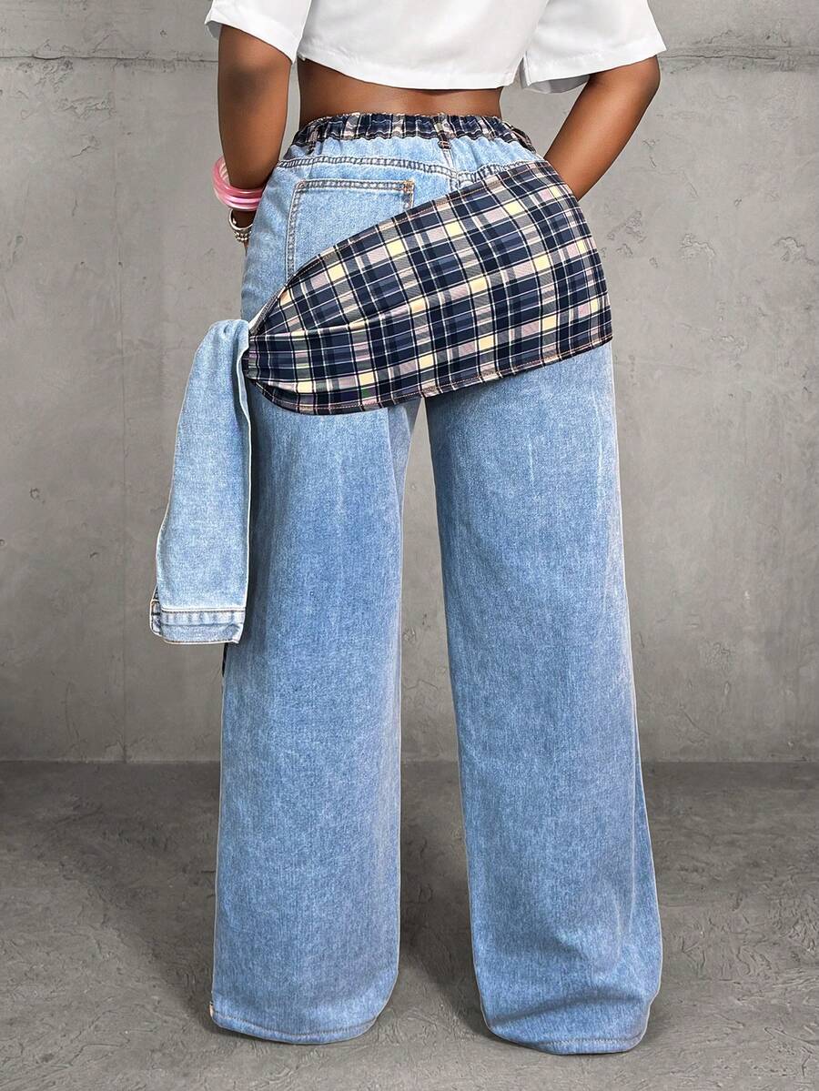 Slaydiva Women's High Waist Side Knot Plaid Wide Leg Loose Casual Jeans