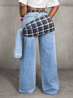 Slaydiva Women's High Waist Side Knot Plaid Wide Leg Loose Casual Jeans