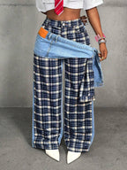 Slaydiva Women's High Waist Side Knot Plaid Wide Leg Loose Casual Jeans