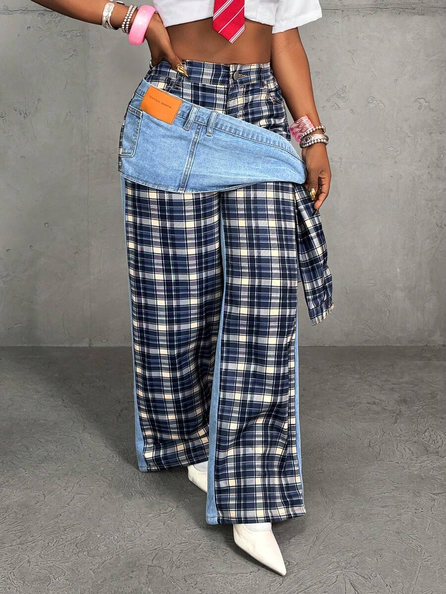 Slaydiva Women's High Waist Side Knot Plaid Wide Leg Loose Casual Jeans