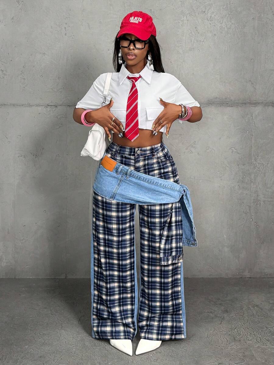 Slaydiva Women's High Waist Side Knot Plaid Wide Leg Loose Casual Jeans