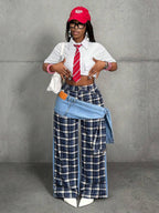 Slaydiva Women's High Waist Side Knot Plaid Wide Leg Loose Casual Jeans