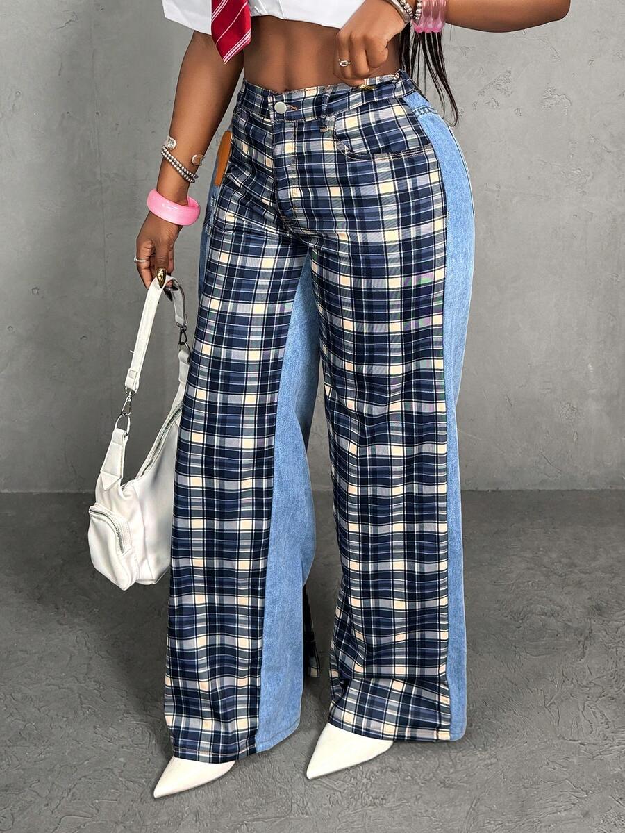 Slaydiva Women's High Waist Side Knot Plaid Wide Leg Loose Casual Jeans