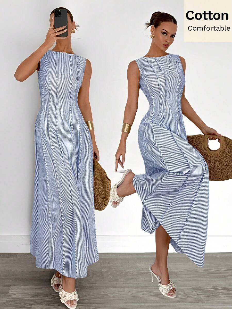 Siren Gaze New  Linen Long Dress For Women, Split Pleated Waist A-Line Dress, Elegant Long Dress, Sun Dresses For Women Holiday Wear, Imitation Linen Flowing Long Dress, Business Casual Women's Wear,Fall Women Clothes Party Summer