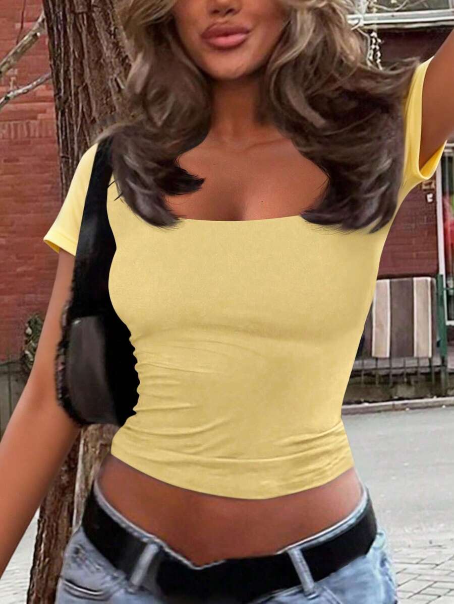Vaiaye Women's Spring-Summer Sexy Fitted Knit Top, Solid Color Square Neck Casual T-Shirt, Suitable For Valentine's Day