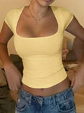Vaiaye Women's Spring-Summer Sexy Fitted Knit Top, Solid Color Square Neck Casual T-Shirt, Suitable For Valentine's Day