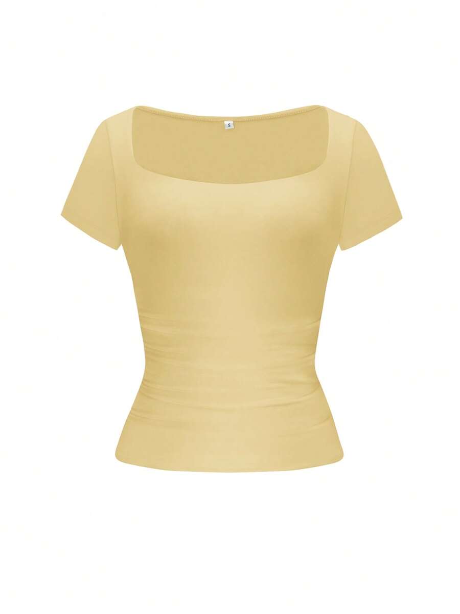 Vaiaye Women's Spring-Summer Sexy Fitted Knit Top, Solid Color Square Neck Casual T-Shirt, Suitable For Valentine's Day