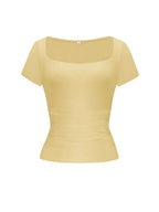 Vaiaye Women's Spring-Summer Sexy Fitted Knit Top, Solid Color Square Neck Casual T-Shirt, Suitable For Valentine's Day