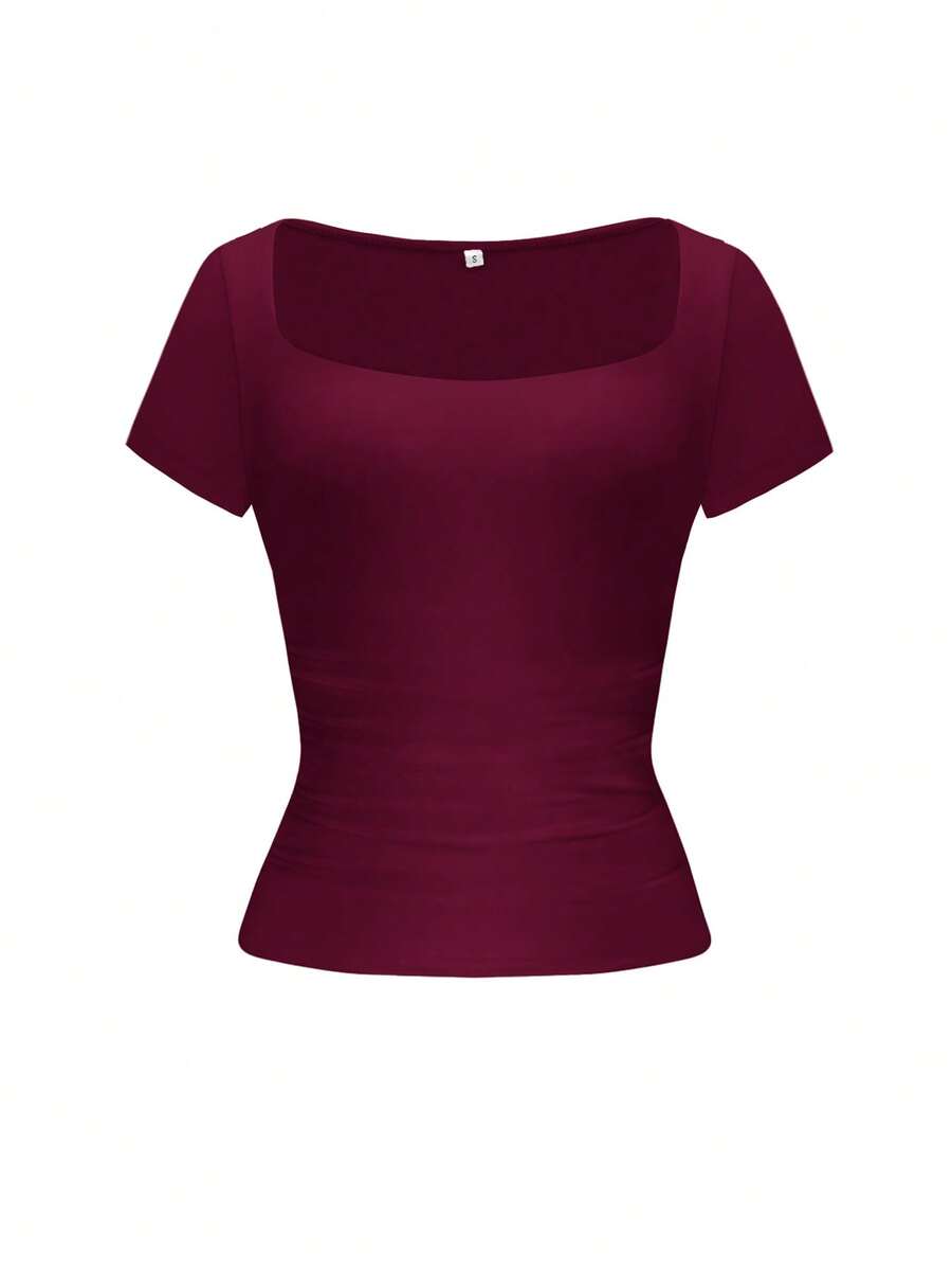 Vaiaye Women's Spring-Summer Sexy Fitted Knit Top, Solid Color Square Neck Casual T-Shirt, Suitable For Valentine's Day