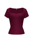 Vaiaye Women's Spring-Summer Sexy Fitted Knit Top, Solid Color Square Neck Casual T-Shirt, Suitable For Valentine's Day